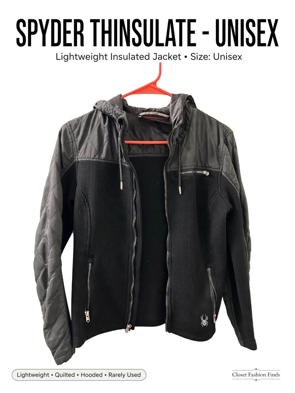 Spyder Black Quilted Lightweight Hooded Unisex Jacket